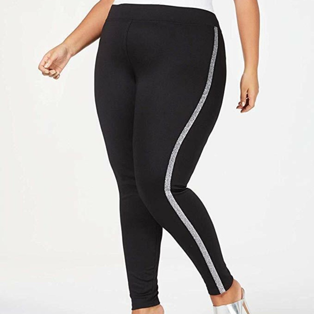 (NWT) HUE Women's Plus Size Metallic Tuxedo Ponté-Knit Leggings (Black, 3X)